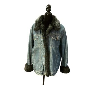 Dennis Basso Removable Faux Fur Lining Denim Jacket Sz M